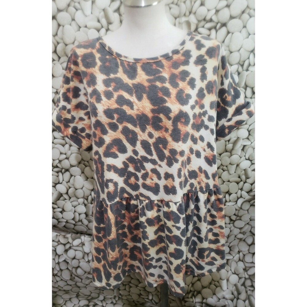 Rae Mode Top Womens Size Large Leopard Brown Short Sleeve Rayon Blend Tunic